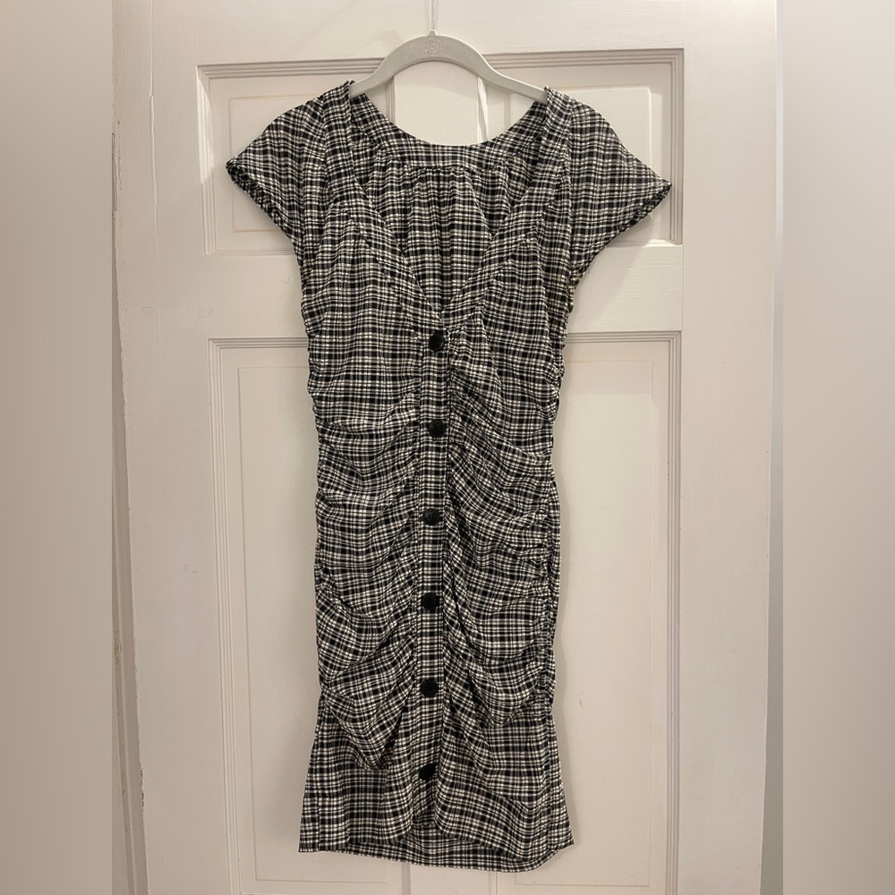 Ganni Black and White Checkered Midi Dress